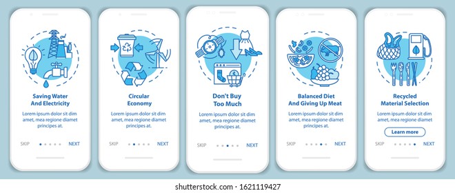 Responsible consumption onboarding mobile app page screen with concepts. Recycle, ecology. Consumerism walkthrough 5 steps graphic instructions. UI vector template with RGB color illustrations