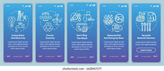 Responsible consumption onboarding mobile app page screen with concepts. Recycle, ecology. Consumerism walkthrough 5 steps graphic instructions. UI vector template with RGB color illustrations