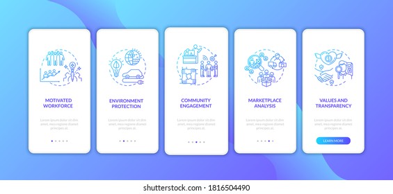 Responsible Corporation Ethics Onboarding Mobile App Page Screen With Concepts. Community Engagement Walkthrough 5 Steps Graphic Instructions. UI Vector Template With RGB Color Illustrations