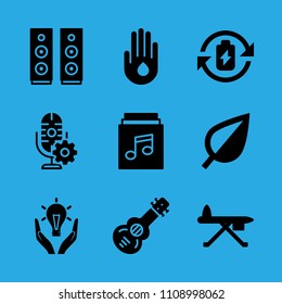 responsible energy use, speaker, battery, ironing board, drop of water on hand, spanish guitar, microphone, leaf and music album vector icon. Simple icons set