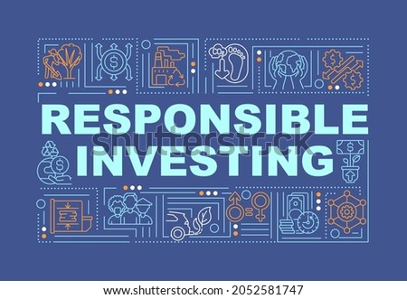 Responsible investing word concepts banner. Creating budget for future life. Infographics with linear icons on navy background. Isolated typography. Vector outline RGB color illustration