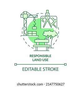 Responsible Land Use Green Concept Icon. Green Building Strategy Abstract Idea Thin Line Illustration. Construction. Isolated Outline Drawing. Editable Stroke. Arial, Myriad Pro-Bold Fonts Used