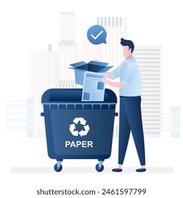 Un hombre responsable tira basura de papel a la basura. Colección separada de residuos, reciclaje de basura. Recursos renovables, reutilización. Resolver problemas ambientales. El carácter masculino sostiene los artículos de papel. Vector plano