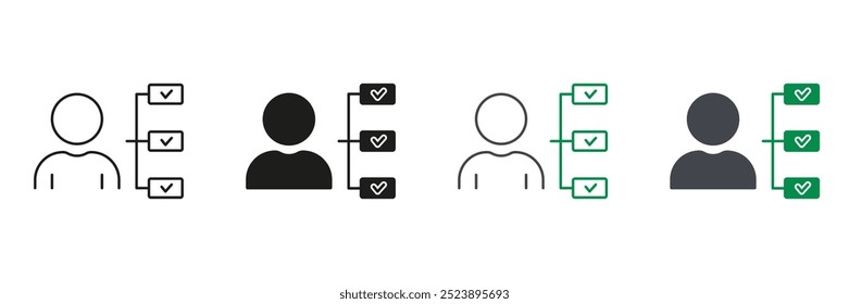 Gestión Responsable, Señal De Deber De Delegado. Línea de responsabilidad del empleado y conjunto de iconos de silueta. Pictograma de roles de gerente Corporativa. Símbolo de cultura de trabajo. Trazo Editable. Ilustración vectorial aislada.