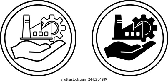 Iconos de fabricación responsable. Iconos vectoriales en blanco y negro. Fábrica industrial y engranaje en una mano humana. Concepto de protección del medio ambiente