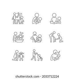 Responsible parenthood linear icons set. Art therapy. Bottle feeding. Reading book. Bathing child. Customizable thin line contour symbols. Isolated vector outline illustrations. Editable stroke