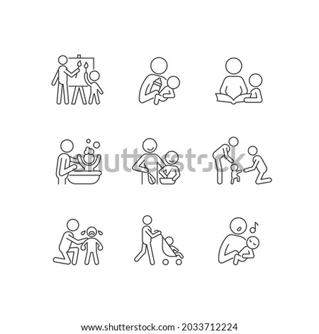 Responsible parenthood linear icons set. Art therapy. Bottle feeding. Reading book. Bathing child. Customizable thin line contour symbols. Isolated vector outline illustrations. Editable stroke