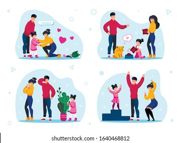 Responsible Parenthood Trendy Flat Vector Concept Set. Parents with Children Teaching Kid to Feed Pet, Playing in Hide-and-Seek, Supporting Worried Daughter, Celebrating Kids Achievement Illustrations