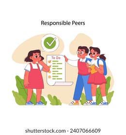 Responsible Peers concept. Animated young students sharing a to-do list, showcasing teamwork and task management in a friendly environment. Cohesive collaboration and efficiency in action. Flat vector