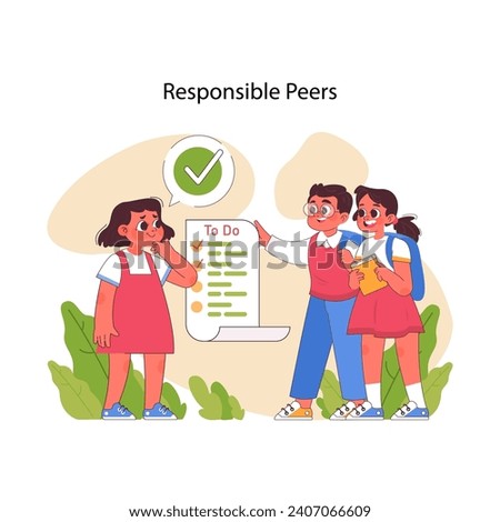 Responsible Peers concept. Animated young students sharing a to-do list, showcasing teamwork and task management in a friendly environment. Cohesive collaboration and efficiency in action. Flat vector
