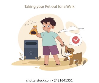 Responsible Pet Care concept. A young boy learns the importance of cleaning up while walking his happy dog.