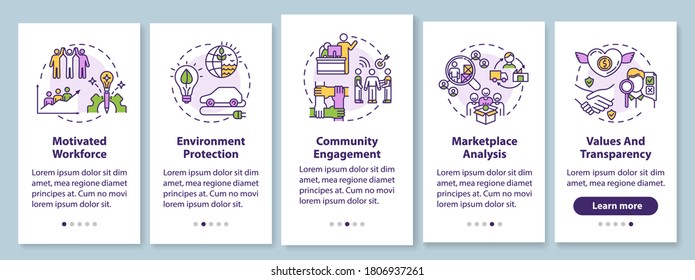 Responsible production onboarding mobile app page screen with concepts. Sustainable development walkthrough 5 steps graphic instructions. UI vector template with RGB color illustrations