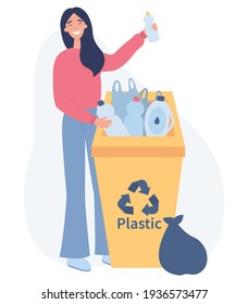 Responsible women standing near dustbin with plastic. Girl sorting garbage for recycling. Environment and ecology concept. Flat vector illustration on a white background.