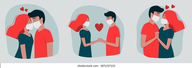 Responsible young people in protective masks. Set of vector images of lovers during the coronavirus pandemic.  Flat illustration for Valentine's Day. Template for postcards, banners, and websites.