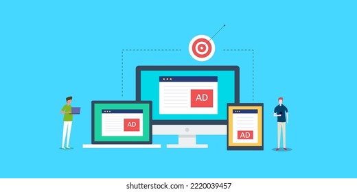 Umfassende Werbung, Unternehmen, die über ein Werbesetzwerk auf digitalen Geräten verfügen, Kundenbindung mit Ad-Network - flache Vektorgrafik