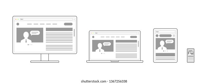 Responsive adaptive web design. Website open on different devices. Computer PC monitor, laptop, tablet, smartphone mobile. Flat minimalistic modern digital line vector illustration set