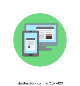 Responsive adjustable design flat icon. Round colorful button, Monitor and smartphone circular vector sign, logo illustration. Flat style design