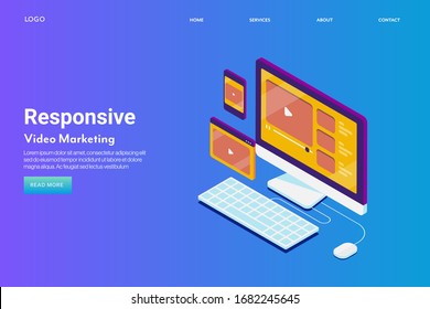 Responsive Ads, Digital Video Marketing, Digital Content Advertising - Conceptual Isometric Vector Landing Page