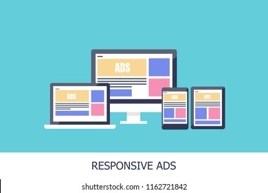 Responsive Ads On Digital Devices - Digital Advertising - Flat Design Vector Illustration On Light Background