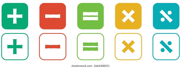 Conjunto de Ícones Aritméticos Responsivos: Temas de Tópicos Preenchidos e Pastéis. ícone de vetor de adição e subtração. Ícones do Botão Elegante da Calculadora. Conjunto de Ícones de Adição Dinâmica para UI UX. Pacote de Símbolos de Geometria de Linha Limpa.