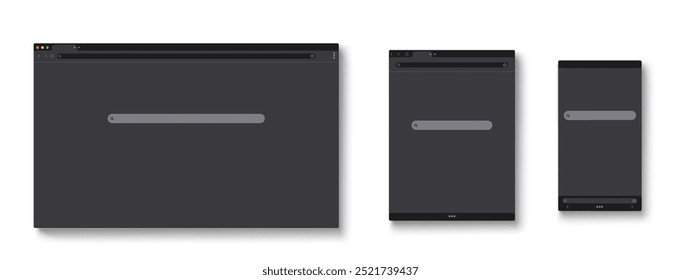 Maqueta de ventana de navegador responsiva con barra de direcciones URL, cuadro de búsqueda y barra de herramientas. Vector conjunto de Plantilla de Sitio web para la presentación de software en la computadora o computadora portátil, tableta y pantalla del teléfono móvil.