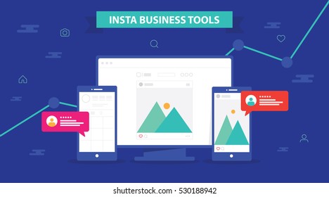 Responsive Business application buyer user response. Display screen surrounding by clouds. Header title vector illustration