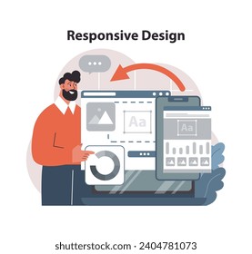 Responsive design adaptation concept. Man demonstrates fluid web layout transition from desktop to mobile, ensuring seamless user experience. Cross-device compatibility. Flat vector illustration