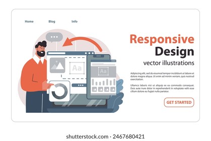 Responsive design adaptation concept. Man demonstrates fluid web layout transition from desktop to mobile, ensuring seamless user experience. Cross-device compatibility. Flat vector illustration