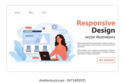 Responsive Design concept. Developer ensuring website adaptability across devices, focusing on user-friendly interfaces. Dynamic layouts, optimizing for various screens. Digital interaction emphasis