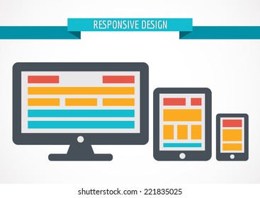 Responsive design concept for web, computer screen, tablet and smartphone. Flat style icon set. Vector illustration. 