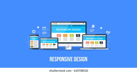 Responsive design for different devices, web technology banner with icons