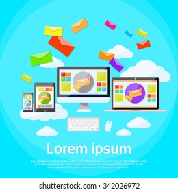 Responsive Design Digital Marketing Email Laptop Phone Tablet Desktop Device Screen Size Envelope Send Business Mail Flat Vector Illustration