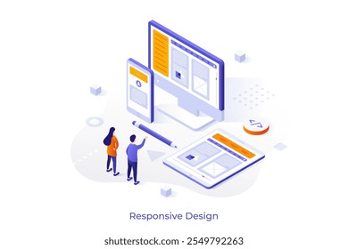Diseño receptivo Ejemplos de Plantilla conceptual. Páginas web que detectan el tamaño de la pantalla del visitante y la Ilustración vectorial de la Orientación con caracteres. Proceso y material de desarrollo de aplicaciones de Web