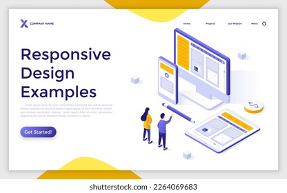 Responsive Design Examples landing page template. Webpages detecting visitor screen size and orientation vector illustration with characters. Web application development process and material