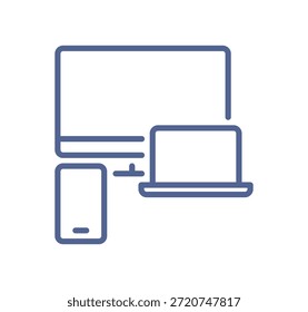 Icono de diseño sensible con tableta y teléfono inteligente portátil de escritorio, compatibilidad multiplataforma, línea de interfaz digital de múltiples dispositivos aislada en Ilustración vectorial plana de fondo blanco.