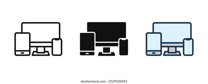 Responsive design icon. Electronic devices icon set. Computer, laptop, tablet, phone symbol. Desktop and mobile display sign. Devices monitor screen vector illustration. Electronics isolated concept