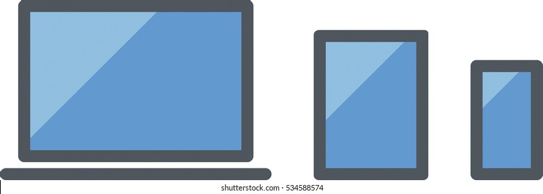 Responsive design icon including a laptop, a tablet and a smartphone, side by side- Flat colored - Blue and gray