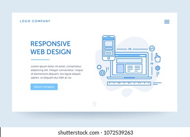 Responsive design illustration. Web banner. Blue flat line style. Home page concept. UI design mockup.