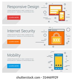 Responsive Design. Internet Security. Mobility. Line Art Flat Design Illustration. Vector Web Banners Concepts