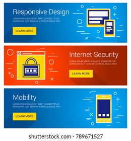 Responsive Design. Internet Security. Mobility. Line Art Flat Design Illustration. Vector Web Banners Concepts