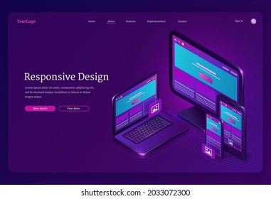 Responsive design isometric landing page. Adaptive user interface and experience for different digital devices, ui ux mobile layouts, application development, gadget software, 3d vector web banner