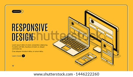 Responsive design landing page, tablet, laptop, computer, mobile desktop, web application development and page construction for different devices. Isometric 3d vector illustration, banner, line art