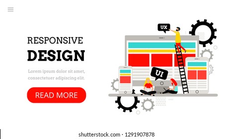 Responsive design. Landing page template. Modern flat concept for web design. Vector illustration with desktop computer, smartphone, tablet and people.