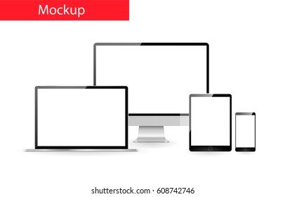 Responsive Design Mockup. Set Of Realistic Monitor, Laptop Tablet And Mobile 