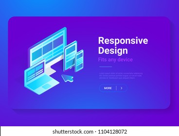 Responsive Design On Computer Laptop Tablet PC Mobile Phone Smartphone Isometric Flat Vector Illustration. Webdesign Studio Concept.