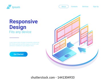 Responsive Design on Computer Laptop Tablet PC mobile phone smartphone isometric flat vector illustration. Webdesign studio concept.
