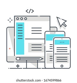 Responsive design related color line vector icon, illustration. The icon is about laptop computer, interface, phone, website, application, adaptive. The composition is infinitely scalable.