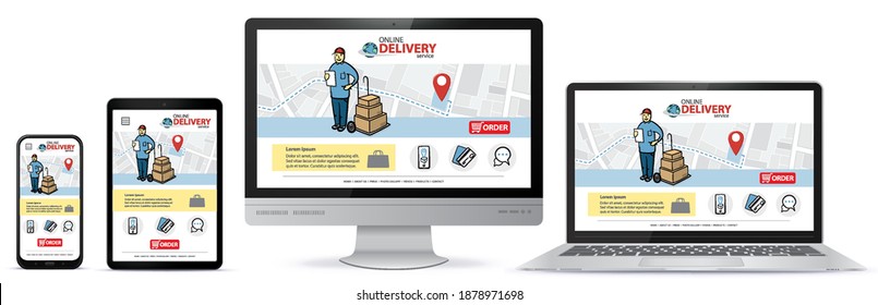 Responsive design template for online shopping app and mobile website. Online delivery service vector UI on Smart Phone, Tablet PC, Computer Monitor and Laptop Computer