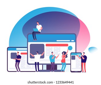 Responsive design vector concept. People creating responsive web application with tablet and phone, laptop and computer display