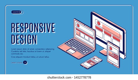 Responsive design web banner, tablet, laptop, computer, mobile desktop, application development and landing page construction for different devices. Isometric 3d vector illustration, banner, line art